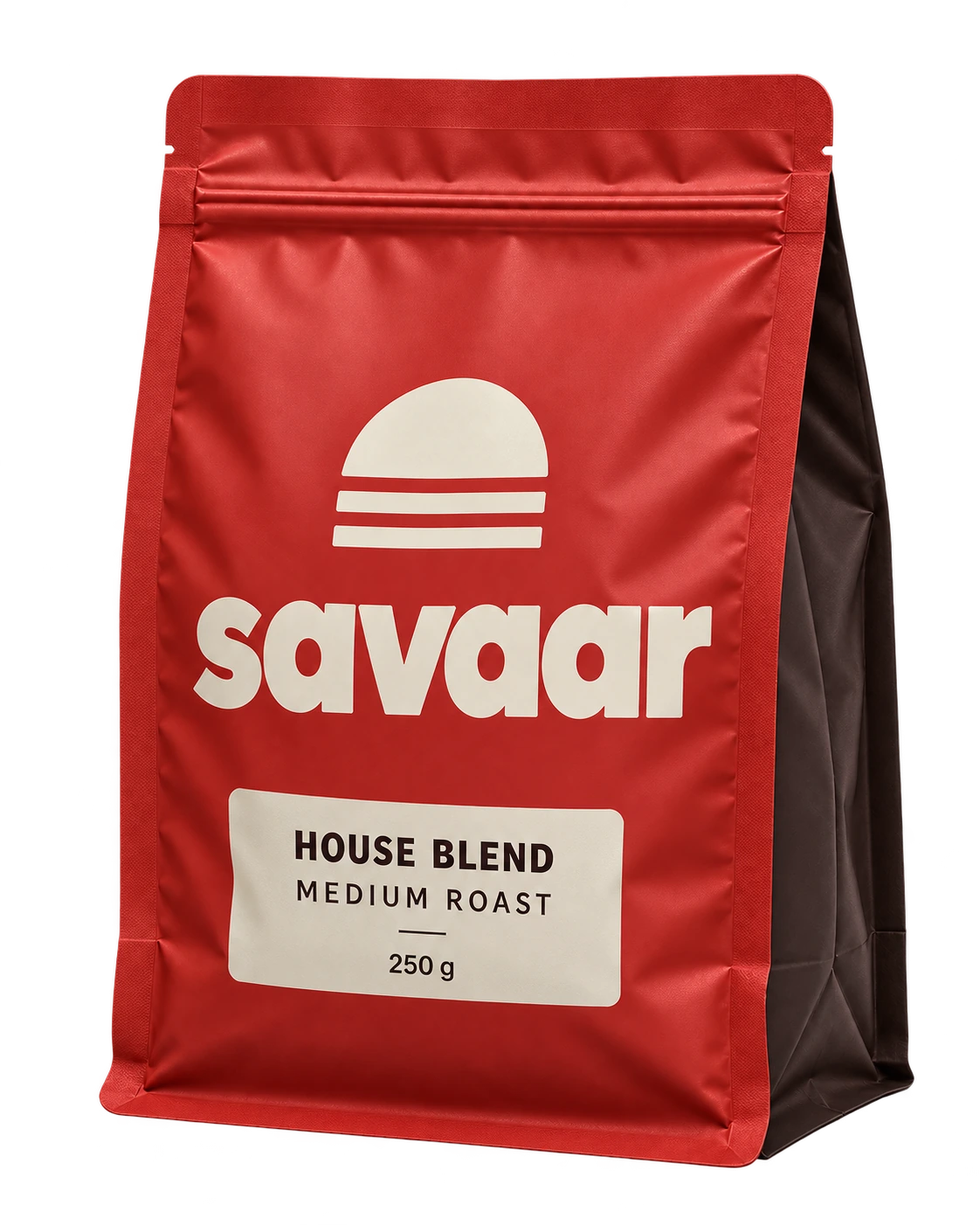 Savaar red stand-up House Blend pouch with cream sunrise and wordmark, floating above its shadow